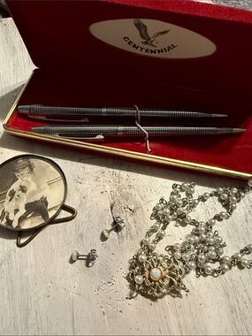 Vintage Centennial Silver Tone Pen Set with Red Lined Case